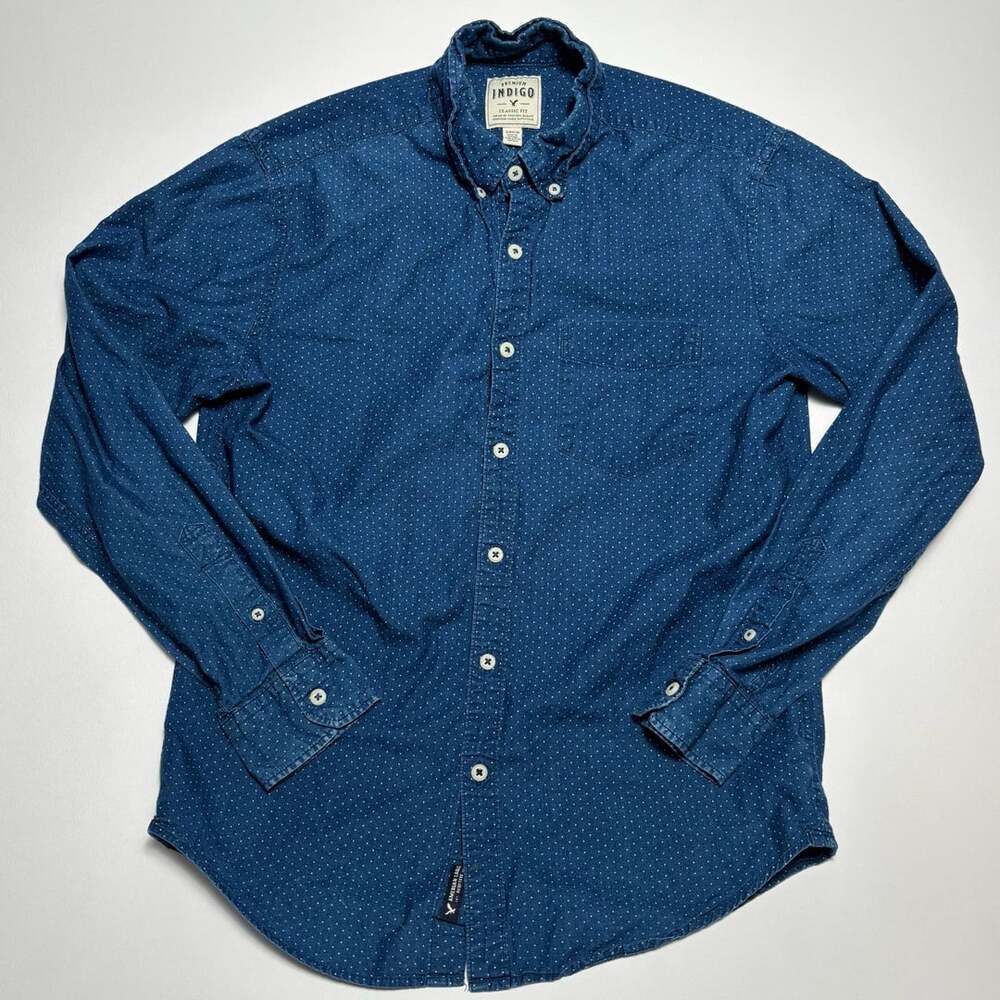 American Eagle Premium Indigo Button Down Shirt Size S Blue White Polka Dot